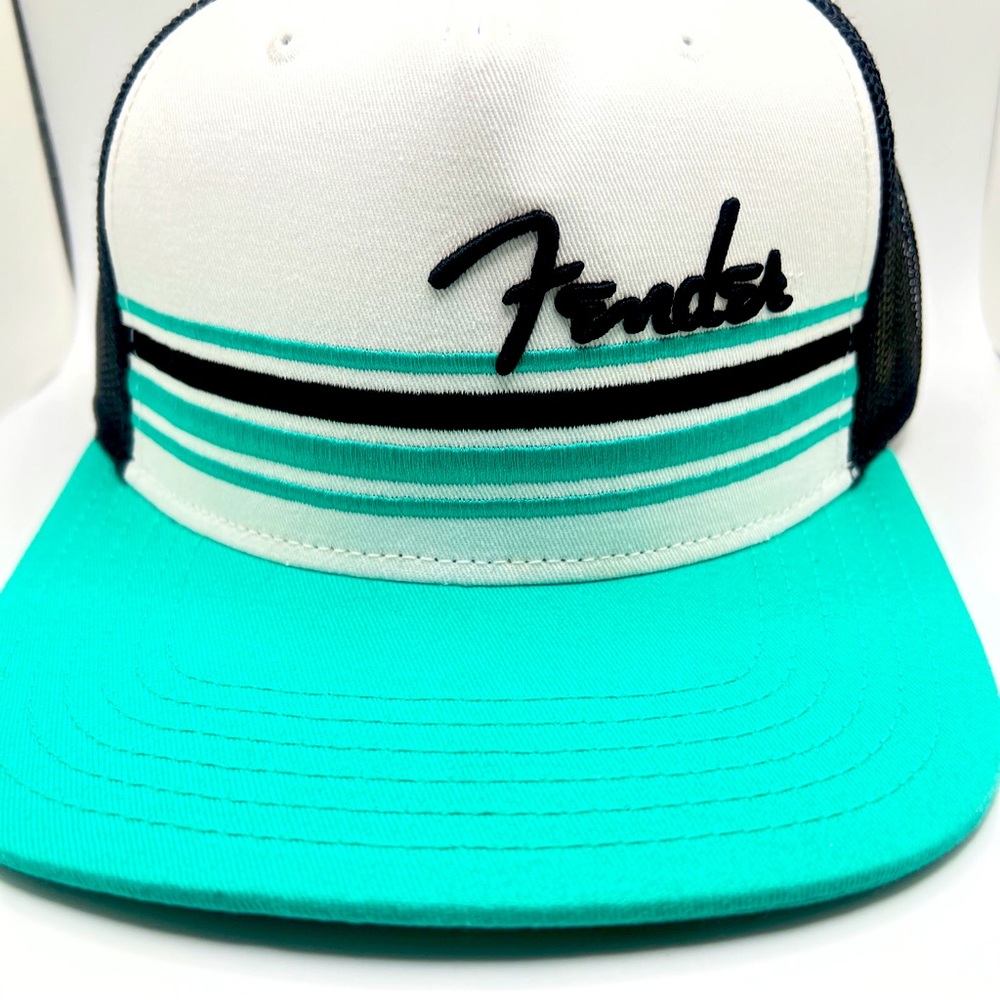Fender logo hat Malibu green trucker style hat mesh back black unisex NWOT
